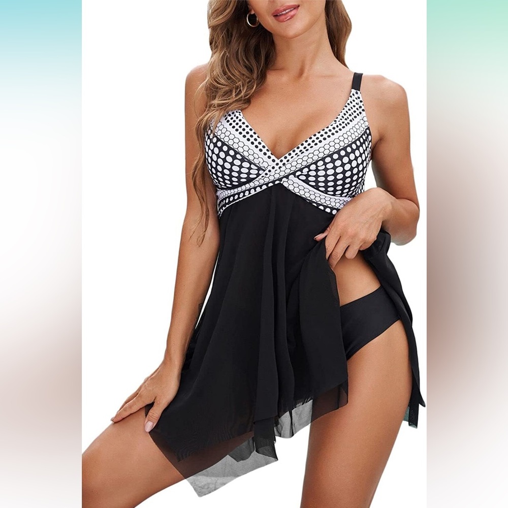 NEW Aleumdr Women’s Retro Polka Dot Mesh Print Tankini Swimdress Bikini Set XXL